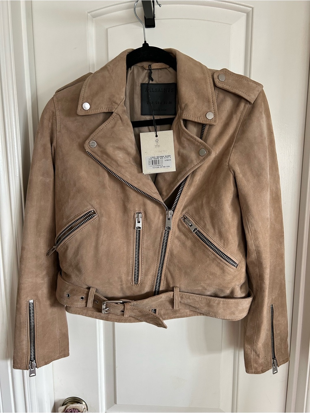 AllSaints Taupe Suede Moto Jacket